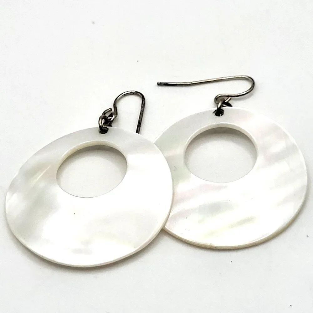 Vintage Bohemian Shell Mother of Pearl Hoop Earrings 2in